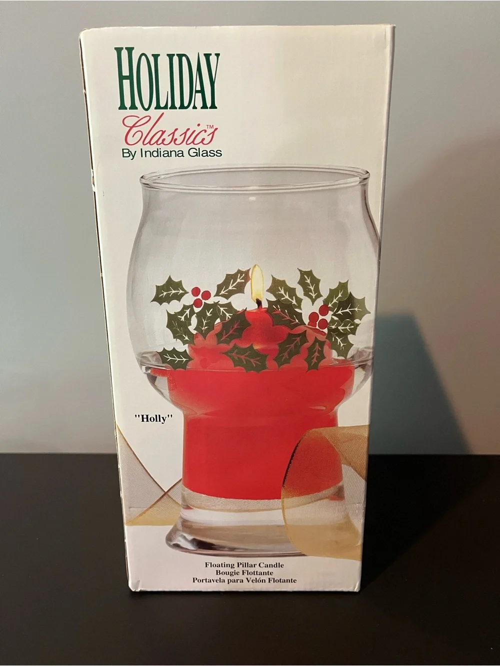 Vintage Indiana Glass, Holiday Classics “Holly” Floating Pillar Candle Holder